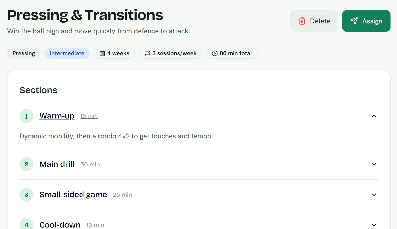 A training plan with warm-up, main drill, small-sided game and cool-down sections